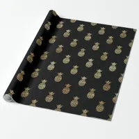 Elegant Black Gold Tropical Pineapples Birthday Wrapping Paper