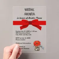Red Ribbon Orange Flower in Jar Bridal Shower Acrylic Invitations