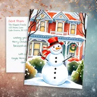 Cute Whimsical Snowman in the Suburbs Christmas Postcard