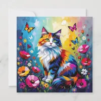 Colorful Impasto Cat, Flowers and Butterflies Card
