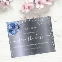 Birthday party silver blue budget save the date flyer