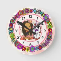 Unicorn and Fairy Whimsical Folk Art Girl's Round Clock