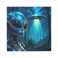 Hyper Realistic Alien and UFO in the Forest Metal Print
