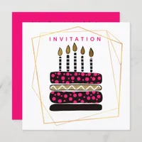 Cake and Candles/Pink Black Gold/Birthday Party Invitation