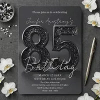 Elegant Black Silver Glitter 85th Birthday Party Invitation