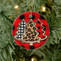 Leopard Print, Buffalo Plaid, Christmas Trees    Ceramic Ornament