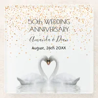 50th gold wedding anniversary white swans in love glass coaster