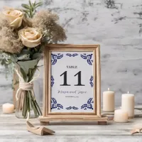 Mexican Talavera Blue Floral Minimalist Wedding Table Number