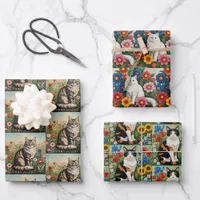 Cute Whimsical Cats and Folk Art Flowers Wrapping Paper Sheets