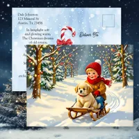 Vintage Christmas Scene, Boy on Sled with Puppy Holiday Postcard