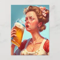 Funny Old Lady Drinking a Beer Postcard