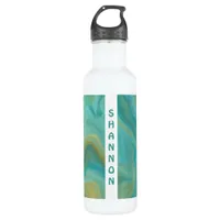 Teal, Turquoise, Tan Fluid Art Marble Personalized Stainless Steel Water Bottle