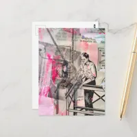 Black and White Vintage Woodworking with pink Postcard