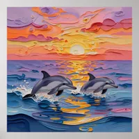 Impasto Dolphins and Ocean Waves   Poster