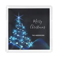 Christmas black blue modern tree family name acrylic tray