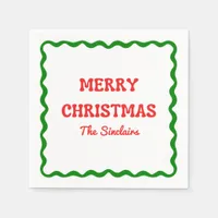 Modern Wavy Border Red & Green Christmas Party Napkins