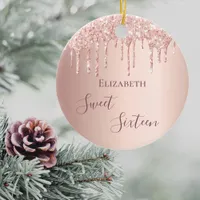 Sweet 16 rose gold blush drips ceramic ornament
