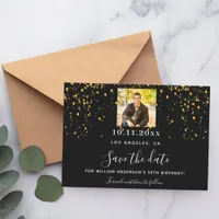 Black gold confetti photo birthday save the date