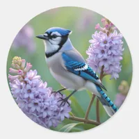 Pretty Blue Jay Standing on Lilac Branches Classic Round Sticker