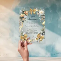 50th wedding anniversary yellow florals gold bows acrylic invitations