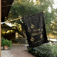 Modern Gold Script Confetti Black Family Christmas House Flag