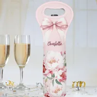 Bow pink florals bloom name elegant wine bag