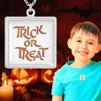 Halloween Trick or Treat Words Square Silver Plated Necklace