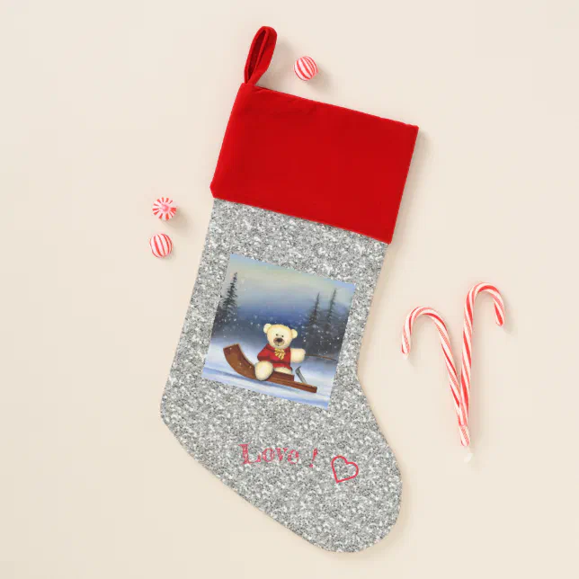 Bear on a sleigh in the snow christmas stocking