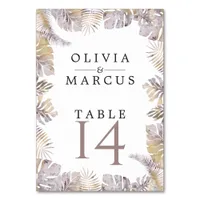 Autumn Tropic Leaves Mauve Gold Watercolor Table Number