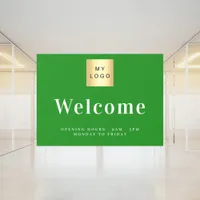 Forest green business logo welcome opening hours window cling