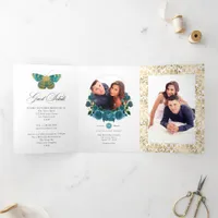 Turquoise and Gold Vintage Floral Wedding Photo Tri-Fold Invitation