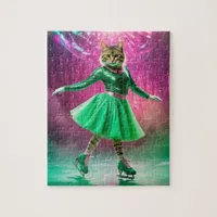 Adorable Ice Skating Cat in Green Jigsaw Puzzle