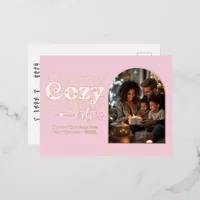 Blush Pink & Rose Gold Cozy Vibes Retro Christmas Foil Holiday Postcard