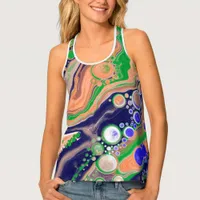 Blue, Coral and Green Pour Painting Fluid Art   Tank Top