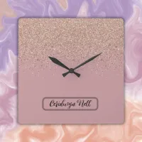 Elegant Rose Glitter Monogram Name | Square Wall Clock