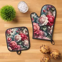 Timeless Rose Floral Charm Oven Mitt & Pot Holder Set