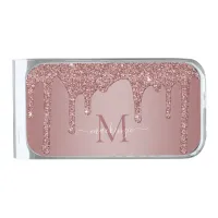 Girly Rose Gold Sparkle Glitter Drips Monogram Silver Finish Money Clip