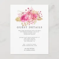 Pink & Gold Roses Watercolor Wedding Guest Details Enclosure Card