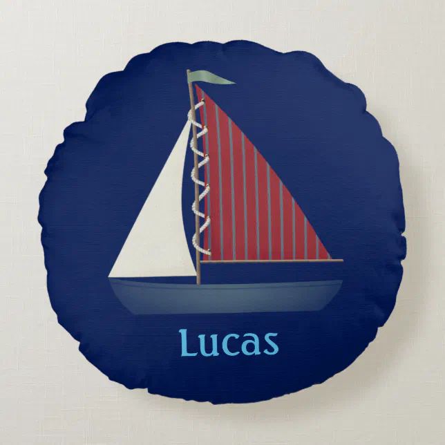 Cute Blue Toy Sailboat Round Pillow