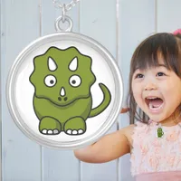 Cute Green Baby Triceratops Dinosaur Animal Silver Plated Necklace