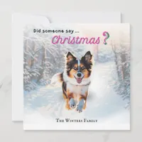 Lively Australian Shepherd Dog In Snow Cute Funny Holiday Card