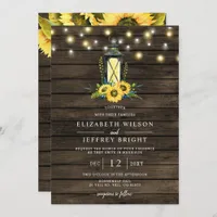 Barn Wood String Lights Sunflowers Lantern Wedding Invitation