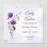 Purple Wildflower Floral Watercolor Square Wedding Invitation