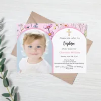 Pink florals photo arch girl cross Baptism Invitation