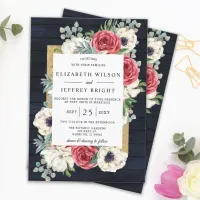 Rustic Wood Navy Burgundy Gold Floral Wedding Invitation