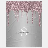 Rose Gold Pink Glitter Drips Silver Monogram Name Fleece Blanket