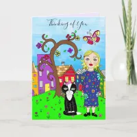 Thinking of You Whimsical Lady and Cat Friendship Card