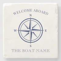 Nautical Compass Rose Navy Blue Boat Name Stone Coaster