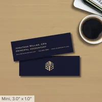 Simple Navy Blue Gold Logo Mini Business Card