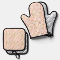 Abstract Watercolor Small Peach Pink Flowers Oven Mitt & Pot Holder Set